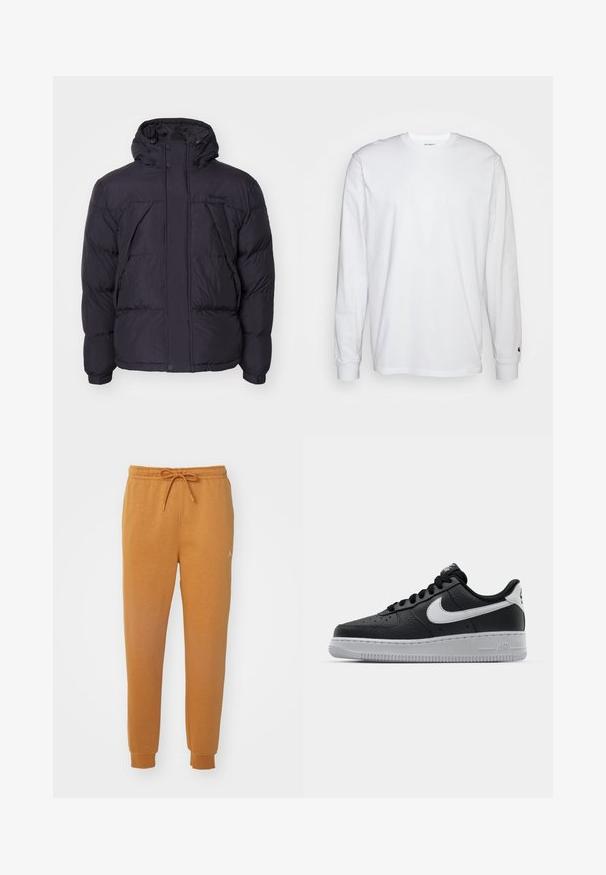 Zwarte pufferjack met capuchon, met een licht glanzende textuur, gestikte design en knopen aan de voorkant. Timberland-logo op de borst.; Witte lange mouwen T-shirt van katoen. Ronde hals ontwerp met ribgebreide manchetten en een klein logo op de linkermouw. Gladde textuur.; Oranje joggerbroeken van zachte stof, met een elastische tailleband met trekkoord en geribbelde boorden. Inclusief een klein logo detail.; Zwarte lederen sneaker met een textuur oppervlak, witte Nike swoosh, grijze zool, ronde neus en vetersluiting. Bevat perforaties op de neus.