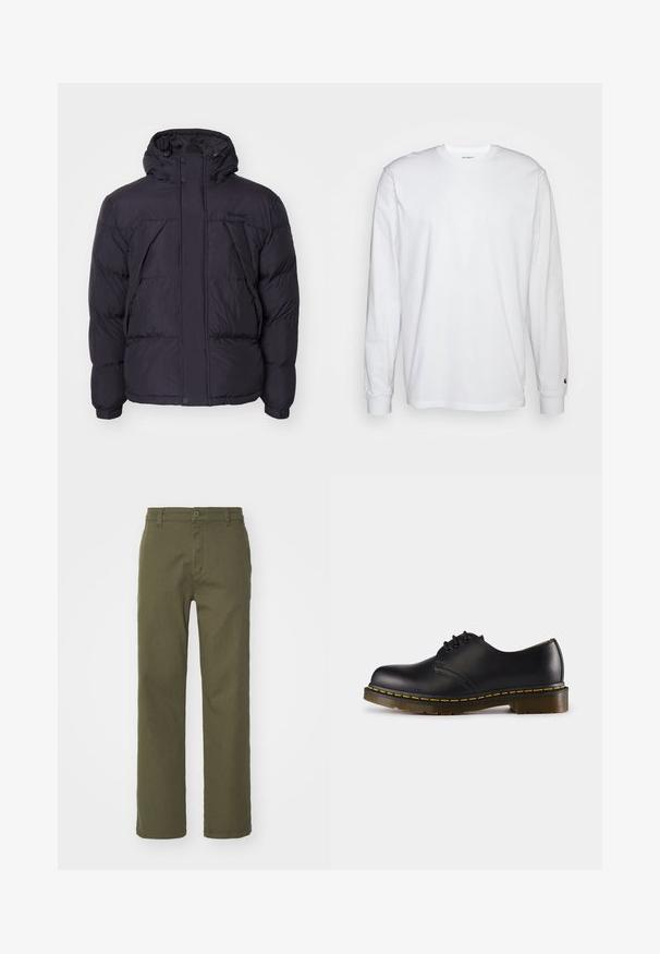 Black puffer jacket with a hood, featuring a slightly shiny texture, quilted design, and front buttons. Timberland logo on the chest.; White long-sleeved T-shirt made of cotton. Crew neck design with ribbed cuffs and a small logo on the left sleeve. Smooth texture.; Olive green trousers with a straight leg design, button and zip closure, and side pockets. Fabric appears smooth with a slight texture.; Black leather shoe with rounded toe, lace-up design, yellow stitching along the sole, and a chunky, textured rubber outsole.