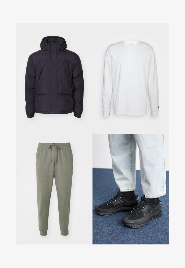 Zwarte pufferjack met capuchon, met een licht glanzende textuur, gestikte design en knopen aan de voorkant. Timberland-logo op de borst.; Witte lange mouwen T-shirt van katoen. Ronde hals ontwerp met ribgebreide manchetten en een klein logo op de linkermouw. Gladde textuur.; Grijze joggerbroeken met een elastische tailleband en trekkoord, gemaakt van zachte stof. Heeft zijzakken en taps toelopende boorden.; Zwarte sportschoenen met gestructureerde stof en rubberen zolen, met elastische veters en een blauwe accent op de hiel. Draag samen met lichte spijkerbroeken.