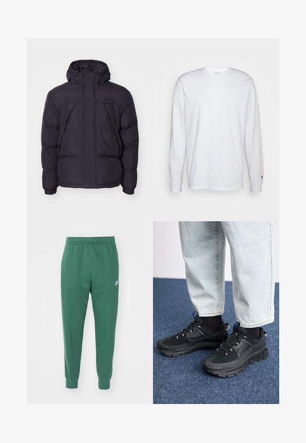 Černá péřová bunda s kapucí, s mírně lesklou texturou, prošívaným designem a předními knoflíky. Logo Timberland na hrudi.; Bílá dlouhá tričko s dlouhými rukávy vyrobené z bavlny. Design s kulatým výstřihem, žebrované manžety a malé logo na levém rukávu. Hladká textura.; Nike Sportswear CLUB JGGR - Teplákové kalhoty - fir/white; Černé sportovní boty s texturovanou tkaninou a gumovou podrážkou, s elastickými tkaničkami a modrým akcentem na patě. Nosí se s světlými džíny.