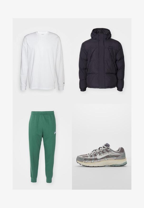 Czarna kurtka puchowa z kapturem, o lekko błyszczącej fakturze, pikowanym wzorze i guzikach z przodu. Logo Timberland na klatce piersiowej.; Biała, długospełna koszulka wykonana z bawełny. Klasyczny krój z okrągłym dekoltem, ściągaczami na rękawach oraz małym logiem na lewym rękawie. Gładka tekstura.; Nike Sportswear - Spodnie treningowe; Szare buty sportowe z siateczkowym i zamszowym wierzchem, białymi akcentami, amortyzowaną podeszwą oraz charakterystycznym designem z elementami odblaskowymi.