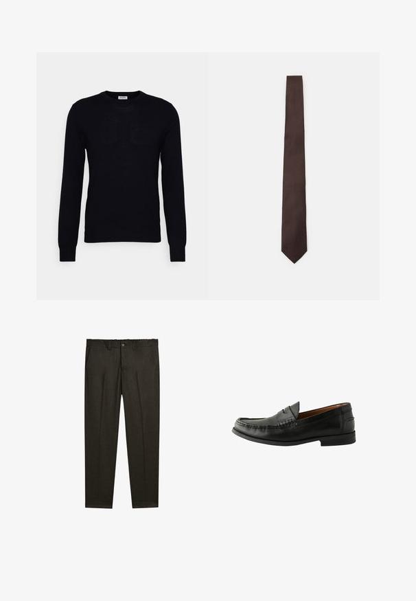 Světle šedá zipová bunda s mandarínským límcem, vyrobená z měkké tkaniny, s rovný střih a minimálními švy.; Černý svetřík s dlouhým rukávem vyrobený z měkkého pleteného materiálu. Kulatý výstřih, žebrované manžety a lem. Minimalistický design bez viditelných vzorů nebo knoflíků.; Tmavě hnědé kalhoty na míru s předními záševky, poutky na opasek, bočními kapsami a knoflíkovým zapínáním v pase.; Černé kožené mokasíny s hladkým povrchem, zaoblenou špičkou, ručně šitými detaily a nízkou gumovou podešví. Klasický a univerzální design.; Hnědá kravata s texturovaným vzorem, elegantním designem a špičatým koncem. Vyrobena z látky, s hladkým povrchem a jemně lesklým vzhledem.