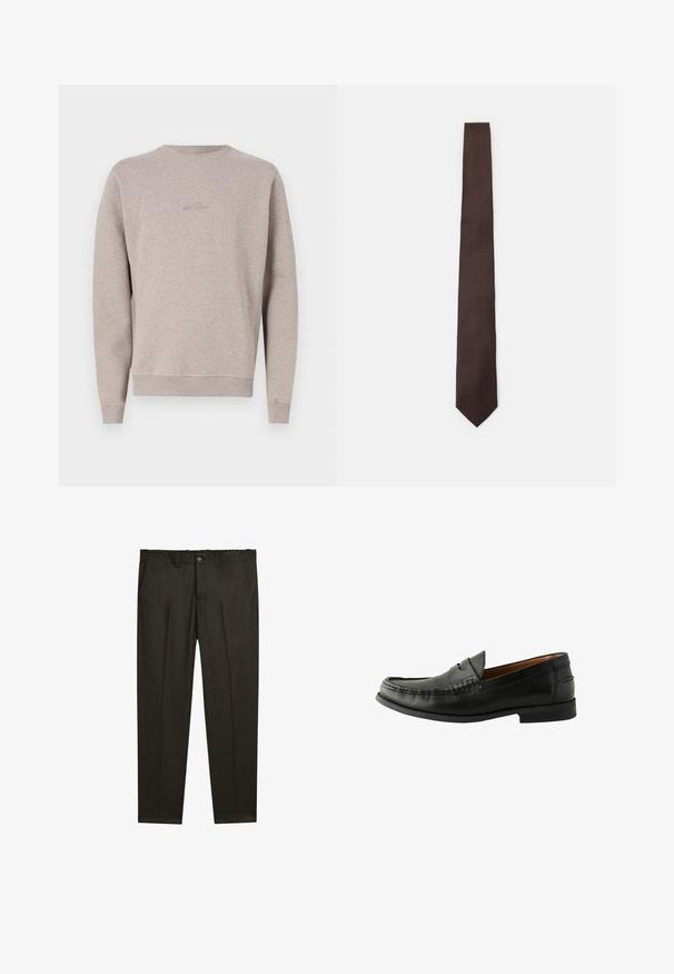 Ljust grå zip-up-jacka med ståkrage, tillverkad av mjukt tyg, med rak passform och minimal sömdetalj.; Ljusgrå sweatshirtdress i mjukt tyg, med rund halsringning, långa ärmar och ribbade muddar och fåll. Subtil logotyp broderad på framsidan.; Mörkbruna skräddarsydda byxor med framfickor, bältesöglor, sidofickor och knappstängning vid midjan.; Svarta läderloafers med en slät yta, rund tå, handsytt detaljer och en låg gummisula. Klassisk och mångsidig design.; Brun slips med en texturerad mönster, slankt design och spetsig topp. Tillverkad av tyg, med en slät yta och diskret glans.