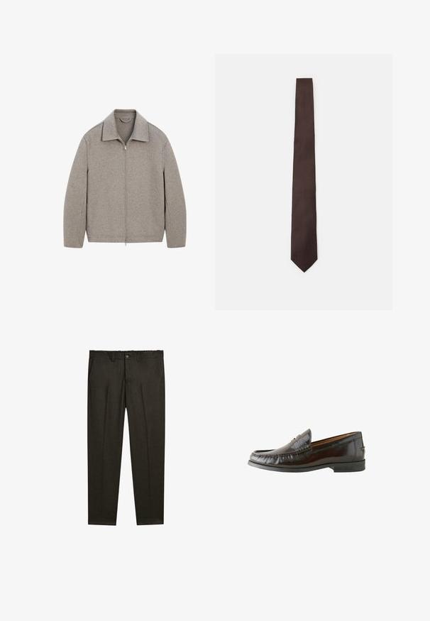 Lys grå zip-up jakke med kinesisk krave, lavet af blødt stof, med lige snit og minimal syning detalje.; Lys rosa langærmet skjorte med lodrette hvide striber, knaplukning foran, klassisk krave og ærmer med en enkelt knapdetalje.; Mørkebrun skræddersyet bukser med frontfold, bæltestropper, sidelommer og en knaplukning ved taljen.; Brune læder loafers med en glat overflade, syning detaljer, en lav hæl og en rund tå. Sålen er sort gummi for godt greb.; Brun slips med et struktureret mønster, slankt design og spids ende. Fremstillet af stof, med en glat overflade og subtil glans.