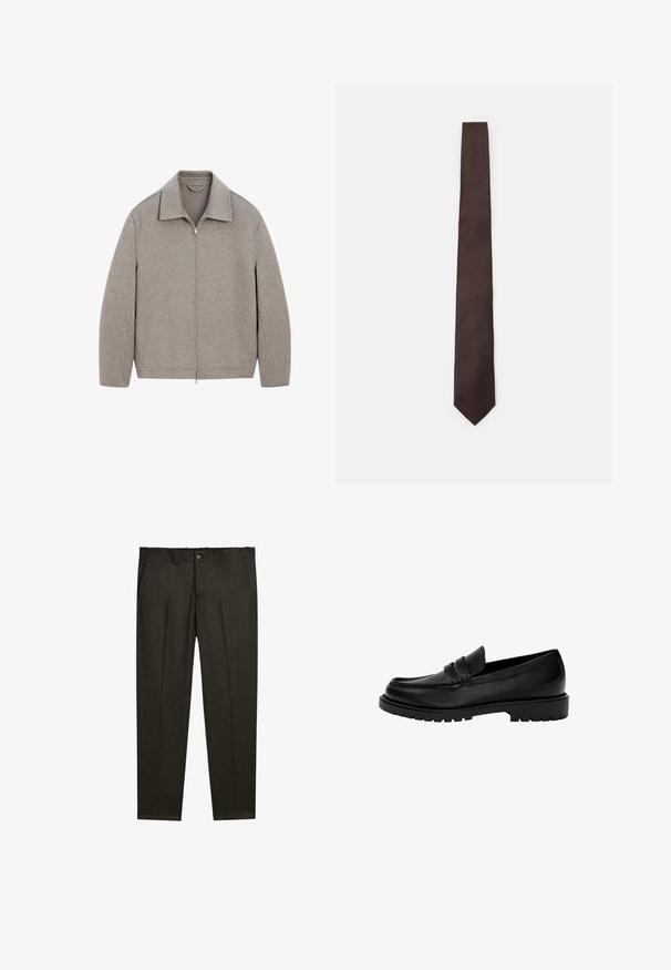 Lys grå zip-up jakke med kinesisk krave, lavet af blødt stof, med lige snit og minimal syning detalje.; Lys rosa langærmet skjorte med lodrette hvide striber, knaplukning foran, klassisk krave og ærmer med en enkelt knapdetalje.; Mørkebrun skræddersyet bukser med frontfold, bæltestropper, sidelommer og en knaplukning ved taljen.; Sorte læder loafers med rund tå, der har et design med to striber, tekstureret syning og en kraftig gummisål.; Brun slips med et struktureret mønster, slankt design og spids ende. Fremstillet af stof, med en glat overflade og subtil glans.