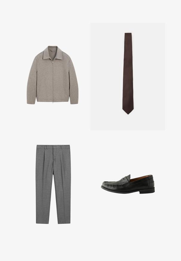 Veste zippée gris clair avec col mandarin, en tissu doux, présentant une coupe droite et des détails de couture minimalistes.; Chemise à manches longues rose clair avec des rayures blanches verticales, fermeture à boutons à l'avant, col classique et poignets avec un détail de bouton unique.; Pantalons gris ajustés avec un tissage texturé, présentant une taille plate, des jambes plissées, des passants de ceinture et une taille standard.; Mocassins en cuir noir avec une finition lisse, un bout arrondi, des détails cousus à la main et une semelle en caoutchouc basse. Design classique et polyvalent.; Cravate marron avec un motif texturé, au design épuré et à la pointe effilée. Fabriquée en tissu, elle présente une finition lisse et un léger éclat.