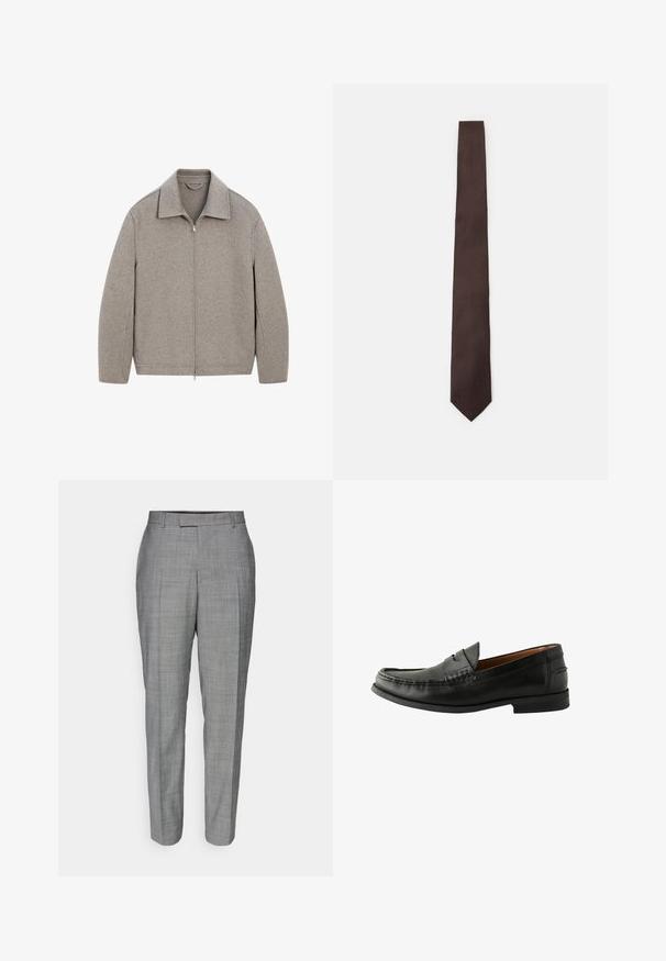 Lichtgrijze zip-up jas met een mandarin kraag, gemaakt van zachte stof, met een rechte snit en minimale stikdetails.; Lichtroze blouse met lange mouwen, verticale witte strepen, knoopsluiting aan de voorkant, klassieke kraag en manchetten met een enkele knoopdetail.; Grijze op maat gemaakte broeken met een subtiel ruitpatroon, rechte snit en een gladde textuur, voorzien van een vlakke voorkant en ceintuurlussen.; Zwarte leren instappers met een gladde afwerking, ronde neus, handgestikte details en een lage rubberen zool. Tijdloos en veelzijdig ontwerp.; Bruine stropdas met een gestructureerd patroon, slank ontwerp en spitse punt. Gemaakt van stof, met een gladde afwerking en een subtiele glans.