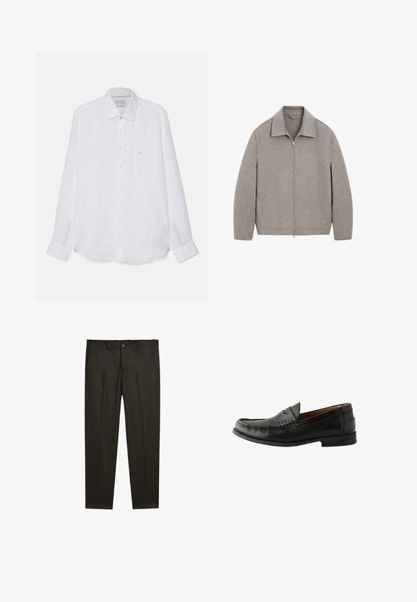 Giacca zip-up grigia chiara con colletto alla cinese, realizzata in morbido tessuto, con un taglio dritto e dettagli di cucitura minimi.; Camicia bianca a maniche lunghe in lino. Presenta un colletto a punte, chiusura frontale con bottoni e un piccolo logo ricamato sul lato sinistro del petto.; Pantaloni su misura marrone scuro con pince frontali, passanti per cintura, tasche laterali e chiusura con bottone in vita.; Mocassini in pelle nera con finitura liscia, punta arrotondata, dettagli cuciti a mano e suola bassa in gomma. Design classico e versatile.