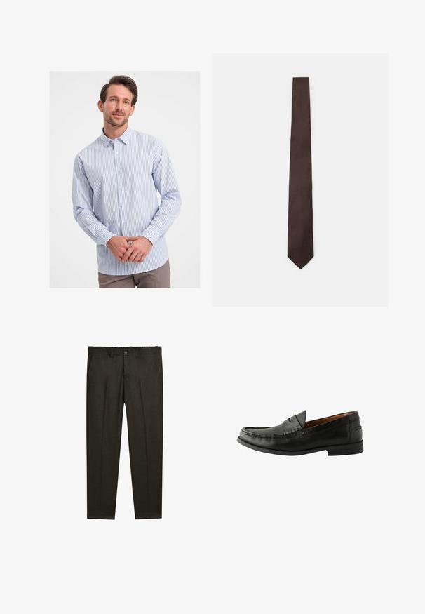 Giacca zip-up grigia chiara con colletto alla cinese, realizzata in morbido tessuto, con un taglio dritto e dettagli di cucitura minimi.; Camicia a righe blu e bianche in tessuto di cotone. Presenta un colletto a punta e maniche lunghe con polsini a bottone. Texture morbida.; Pantaloni su misura marrone scuro con pince frontali, passanti per cintura, tasche laterali e chiusura con bottone in vita.; Mocassini in pelle nera con finitura liscia, punta arrotondata, dettagli cuciti a mano e suola bassa in gomma. Design classico e versatile.; Cravatta marrone con un motivo testurizzato, design elegante e punta affilata. Realizzata in tessuto, presenta una finitura liscia e un delicato lucido.