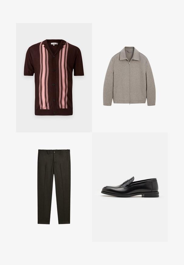 Lys grå zip-up jakke med kinesisk krave, lavet af blødt stof, med lige snit og minimal syning detalje.; Brun kortærmet skjorte med krave, forsynet med lodrette lyserøde striber og sorte knapper, lavet af et let strikket stof.; Mørkebrun skræddersyet bukser med frontfold, bæltestropper, sidelommer og en knaplukning ved taljen.; Sorte læderloafers med en glat overflade, rund tå og en dekorativ strop over vampen. Lav hæl med stabeldesign, minimalistisk stil.