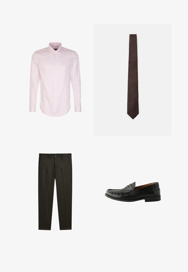 Lichtgrijze zip-up jas met een mandarin kraag, gemaakt van zachte stof, met een rechte snit en minimale stikdetails.; Lichtroze blouse met lange mouwen, verticale witte strepen, knoopsluiting aan de voorkant, klassieke kraag en manchetten met een enkele knoopdetail.; Donkerbruine op maat gemaakte broek met voorplooien, riemlussen, zijzakken en een knoopsluiting bij de taille.; Zwarte leren instappers met een gladde afwerking, ronde neus, handgestikte details en een lage rubberen zool. Tijdloos en veelzijdig ontwerp.; Bruine stropdas met een gestructureerd patroon, slank ontwerp en spitse punt. Gemaakt van stof, met een gladde afwerking en een subtiele glans.