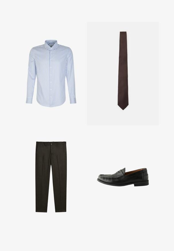 Giacca zip-up grigia chiara con colletto alla cinese, realizzata in morbido tessuto, con un taglio dritto e dettagli di cucitura minimi.; Camicia a maniche lunghe da uomo, righe azzurre e bianche, chiusura con bottoni, colletto classico, tessuto di cotone, texture morbida, orlo curvo.; Pantaloni su misura marrone scuro con pince frontali, passanti per cintura, tasche laterali e chiusura con bottone in vita.; Mocassini in pelle nera con finitura liscia, punta arrotondata, dettagli cuciti a mano e suola bassa in gomma. Design classico e versatile.; Cravatta marrone con un motivo testurizzato, design elegante e punta affilata. Realizzata in tessuto, presenta una finitura liscia e un delicato lucido.