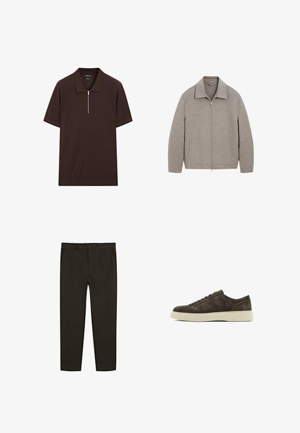 Lys grå zip-up jakke med kinesisk krave, lavet af blødt stof, med lige snit og minimal syning detalje.; Brun kortærmet polo shirt lavet af glat stof, med flad krave og en kvart lynlås ved halsen.; Mørkebrune, vævede stofbukser med lige ben, forlommer og knaplukning i taljen. Glat tekstur.; Brune ruskind sneakers med en glat tekstur, rund tå, flad gummisål og enkelt snøredesign. Subtile stikninger på siderne.