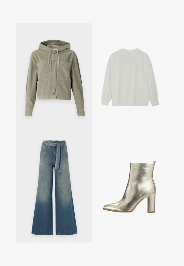 Veste en velours côtelé vert olive avec capuche, dotée d'une fermeture à boutons, de deux poches poitrine et d'une texture côtelée. Design cropped et ajusté.; T-shirt à manches longues gris clair en coton doux. Présente une coupe ample, un col rond et des poignets légèrement froncés. Aucun motif ni graphique.; Pantalons en denim à jambe large présentant un dégradé de bleu clair à bleu foncé, taille haute, passants de ceinture et une ceinture en tissu assortie. Finition en denim texturé.; Bottine dorée métallisée avec un bout pointu, texture lisse et un talon épais. Présente une languette à l'arrière pour un enfilage facile.