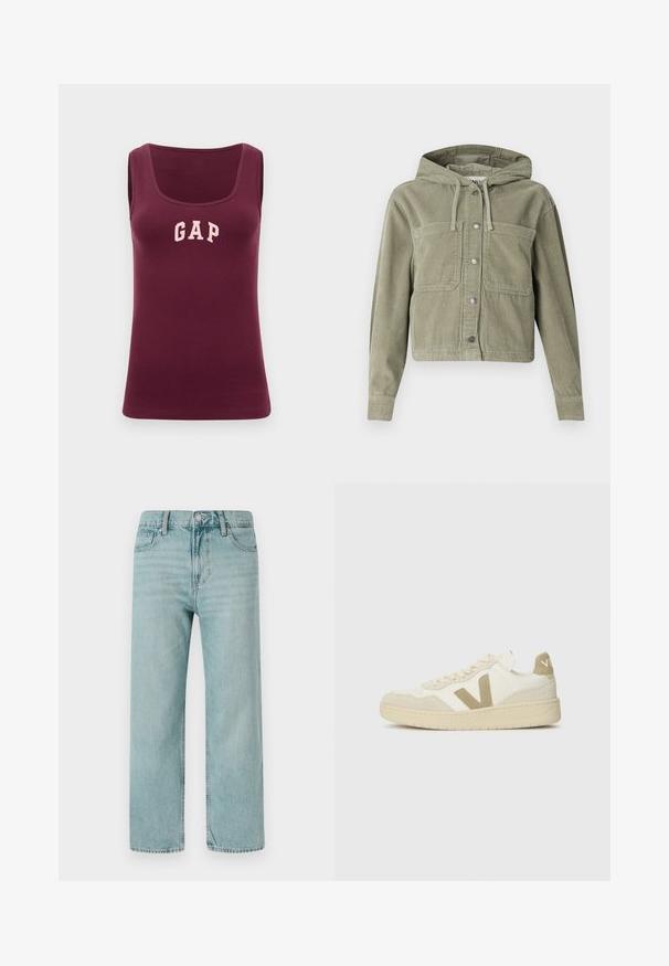 Giacca in velluto a coste verde oliva con cappuccio, dotata di chiusura con bottoni, due tasche sul petto e texture a coste. Design cropped e aderente.; Top a canotta borgogna con un design aderente, texture a coste e un logo "GAP" rosa sulla parte frontale, caratterizzato da un collo a giro e senza maniche.; Jeans a gamba larga di colore blu chiaro realizzati in denim, con un classico design a cinque tasche, linee pulite e una vita regolare con chiusura a bottone.; Sneakers con una toma di crema, dettagli in suede beige e una suola in gomma testurizzata. Presentano un audace logo a 'V' e un design con lacci.