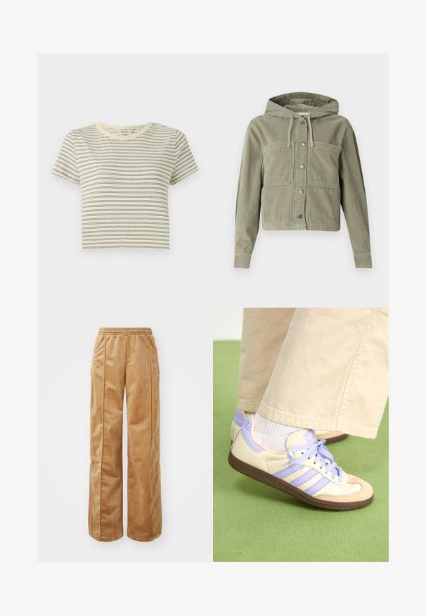 Alyvuogių žalios spalvos štrichinis švarkas su kapišonu, turintis mygtukų užsegimą, dvi krūtinės kišenes ir varstytą tekstūrą. Trumpas, laikantis figūrą dizainas.; Geltonos juostelės marškiniai su mėlynomis horizontaliomis linijomis, apvaliu iškirpimu, trumpomis rankovėmis ir sutrumpintu modeliuku. Minkštas medvilnės audinys, paprastas dizainas.; Kreminės pločio kojų kelnės, pagamintos iš švelnaus, veliūrinio audinio. Yra elastinga juosmens juosta ir vertikalios siūlės priekyje, suteikiančios papildomo akcento.; Kreminės ir levandų spalvos sportbačiai su trims juostelėmis ir tekstūruota ruda padais, su raišteliais ir paminkštintu kulnu. Minkšta medžiaginė viršutinė dalis.