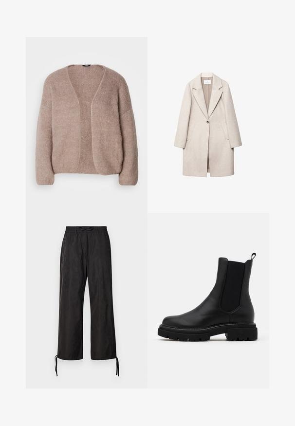 Vaaleanbeige villakangastakki, jossa on leikattu kaulus, yksittäinen napitus, kaksi etutaskua ja rento istuvuus. Teksturoitu kangaspinta.; Beige neulecardigan, jossa on V-pääntie, leveät hihat ja avonainen etuosa. Pehmeä rakenne hieman paksummalla neulekuviolla.; Kaksi pitkähihasta turtleneck-paitaa, yksi valkoinen ja yksi musta, valmistettu sileästä, joustavasta kankaasta. Molemmissa on kapean muotoinen malli ja korkea kaulus.; Mustat, löysät housut, joissa on joustava vyötärö ja säädettävät narut nilkoissa. Silkkinen kangas, jossa on hienovarainen kiilto.; Mustat nahkaiset Chelsea-saappaat, joissa on joustavat vatsapaneelit ja vetoketju. Paksut, teksturoidut mustat kumipohjat, joissa on kova uritus.