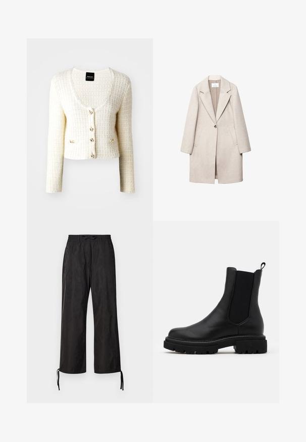 Jasnobeżowy wełniany płaszcz z wyciętym kołnierzem, zapięcie na pojedynczy guzik, dwie przednie kieszenie i luźny krój. Teksturowana powierzchnia tkaniny.; Biały sweter z teksturowanej dzianiny z dekoltem w serek, pięcioma guziczkami w złotym odcieniu oraz dwoma bocznymi akcentami. Posiada długie rękawy i krótki kroj.; Dwa długie topy z kołnierzem typu golf, jeden biały, a drugi czarny, wykonane z gładkiego, elastycznego materiału, oba o dopasowanym kroju i wysokich kołnierzach.; Czarne, luźne spodnie z elastycznym pasem i regulowanymi sznurkami u kostek. Gładki materiał o subtelnym połysku.; Czarne skórzane botki Chelsea z elastycznymi panelami bocznymi i pętelką. Grube, teksturowane czarne gumowe podeszwy z wytrzymałym wzorem bieżnika.