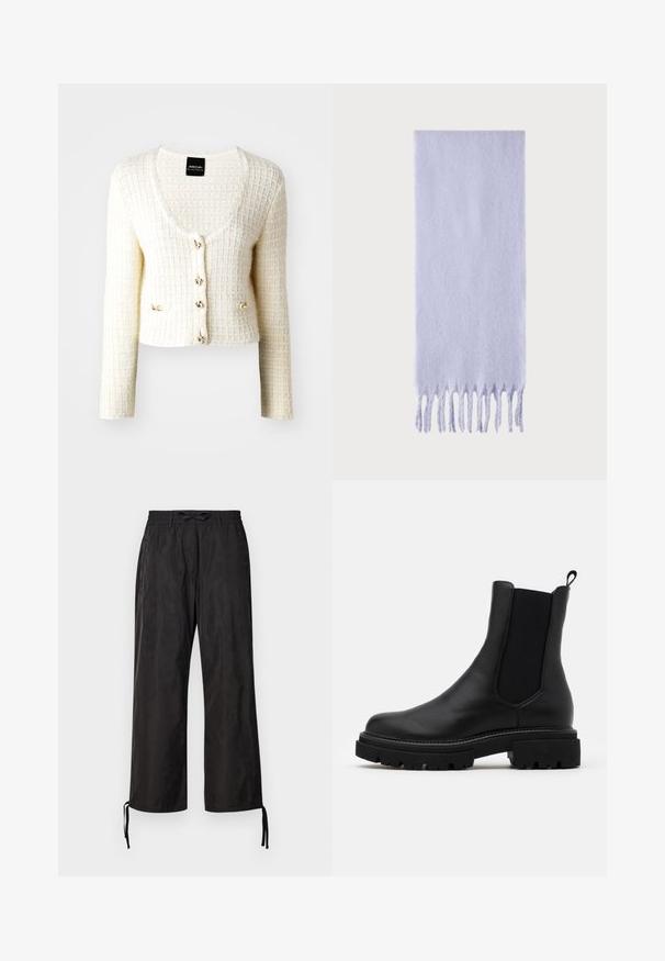 Helle beigefarbene Wolljacke mit Reverskragen, Ein-Knopf-Verschluss, zwei Fronttaschen und lässiger Passform. Strukturiertes Stofffinish.; Weißer Textur-Cardigan mit Rundhalsausschnitt, fünf goldfarbigen Knopfverschlüssen und zwei seitlichen Akzenten. Mit langen Ärmeln und kurzem Design.; Langarm-Cremetop mit V-Ausschnitt, verziert mit zarter Spitzenborte am Ausschnitt und Spitzenakzenten an den Manschetten. Weiche Stofftextur.; Schwarze, locker sitzende Hosen mit einem elastischen Bund und verstellbaren Kordeln an den Knöcheln. Glattes Gewebe mit einem dezenten Glanz.; Schwarze Leder Chelsea-Boots mit elastischen Seitenteilen und einer Zuglasche. Dicke, strukturierte schwarze Gummisohlen mit einem robusten Profildesign.; Heller lavendelfarbener Schal aus weichem Stoff, mit glatter Textur und Fransenenden. Rechteckige Form mit gleichmäßiger Länge.; Braune Lederhandtasche mit zwei Vorderklappen, abgerundeten Griffen und einem Reißverschluss an der Seite vor einem weißen Hintergrund.