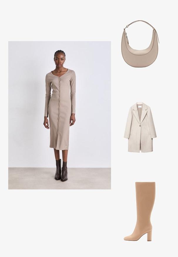 Jasnobeżowy wełniany płaszcz z wyciętym kołnierzem, zapięcie na pojedynczy guzik, dwie przednie kieszenie i luźny krój. Teksturowana powierzchnia tkaniny.; Beżowa dzianinowa sukienka z dekoltem w serek, długimi rękawami, zapięciem na guziki z przodu, bocznymi rozcięciami i subtelną naszywką z logo u dołu. Noszona z brązowymi bucikami za kostkę.; Kozaki do kolan w odcieniu nude, o gładkim, matowym wykończeniu, z ostrym noskiem i solidnym słupkowym obcasem. Klasyczna sylwetka, elegancki design, brak widocznych elementów metalowych.; Beżowa skórzana torba na ramię o kształcie półksiężyca, gładkiej fakturze i pojedynczym zakrzywionym uchwycie. Posiada zamek błyskawiczny oraz staranne przeszycia.