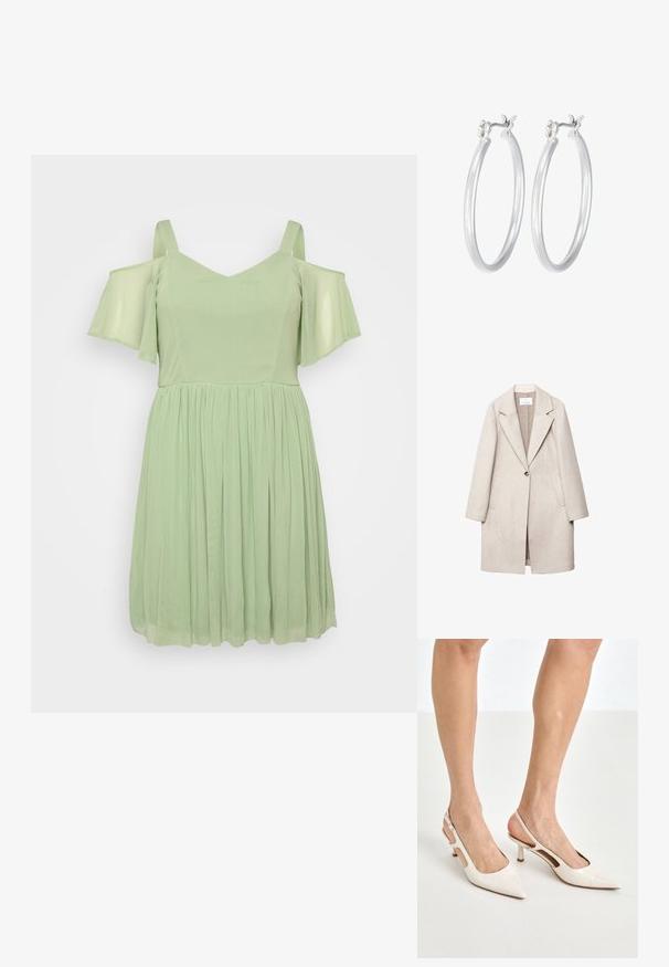 Svijetlosmeđi vuneni kaput s reverom, zatvaranjem na jedan gumb, dva prednja džepa i opuštenim krojem. Tkanina s teksturiranim finišem.; Svijetlozelena haljina s naramenicama koje se skidaju, V-izrezom i nabranim suknjom. Izrađena od mekog, lepršavog materijala s glatkom teksturom.; Bež cipele na petu od lakiranih koža s uskim vrhom i petom od 5 cm, s izrezanim stranama i tankim remenom oko gležnja.; Srebrne kružne naušnice s glatkom, poliranom površinom. Okrugli oblik i sigurno kopčanje na klik. Lagani dizajn pogodan za svakodnevno nošenje.