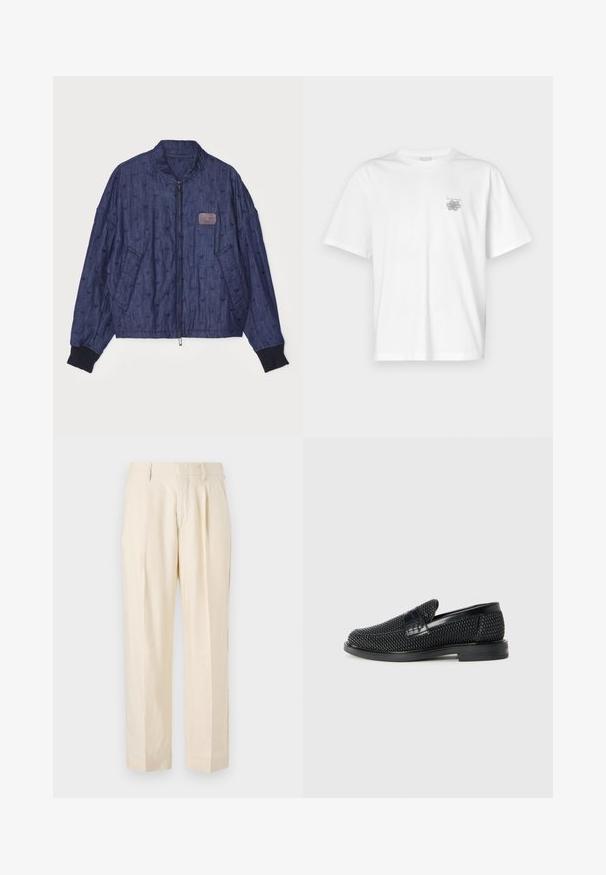 Tumedast sinine teksajakk, millel on tekstureeritud õmblused, soonikkätised, eesneajalukk ja küljetaskud. Omaduseks on väike logopatch.; Valge puuvillane T-särk lühikeste varrukatega, ümmarguse kaelusega ja väike hall logo vasakul rinnaosal. Sile tekstuur.; NN.07 KAY - Püksid - off white; Must musta kootud slip-on king, millel on pehme nahast accent ülaserval, ümmargune varvas ja madal profiiliga kummitald.