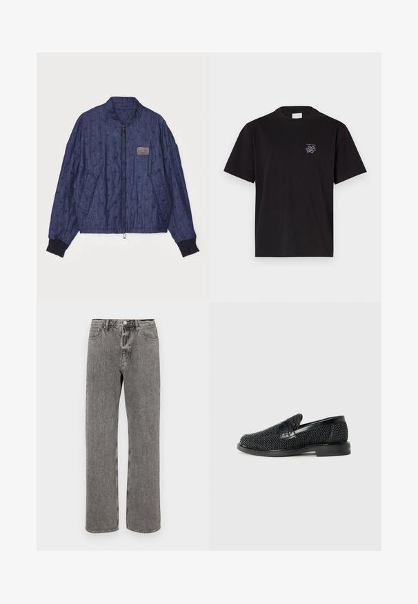 Tumedast sinine teksajakk, millel on tekstureeritud õmblused, soonikkätised, eesneajalukk ja küljetaskud. Omaduseks on väike logopatch.; Must mustaga T-särk, millel on ümar kaelus ja lühikesed varrukad. Vasakul rinnal on väike sinine logo. Lihtne, sirge lõikega disain.; Hallhalli teksased, millel on sirge lõikega jalg, viie tasku disain ja nööbiga sulgemine vöökoht. Kerge pleekinud tekstuur üle kogu.; Must musta kootud slip-on king, millel on pehme nahast accent ülaserval, ümmargune varvas ja madal profiiliga kummitald.