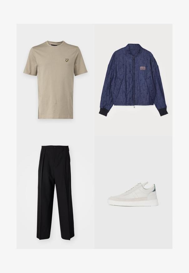 Denim bomberjakke i mørkeblå med tekstureret syning, ribbede manchetter, frontlynlås og sidelommer. Har et lille logo-patch.; Lyle & Scott T-shirts basic - sage; Sorte plisserede bukser med et lige, bred ben-design. Fremstillet af glat stof, med en knaplukning og bæltesløjfer.; Hvide lædersneakers med grå ruskindsdetaljer, snørebåndsdesign, hævet tab og tekstureret gummisål med zigzag-mønster.
