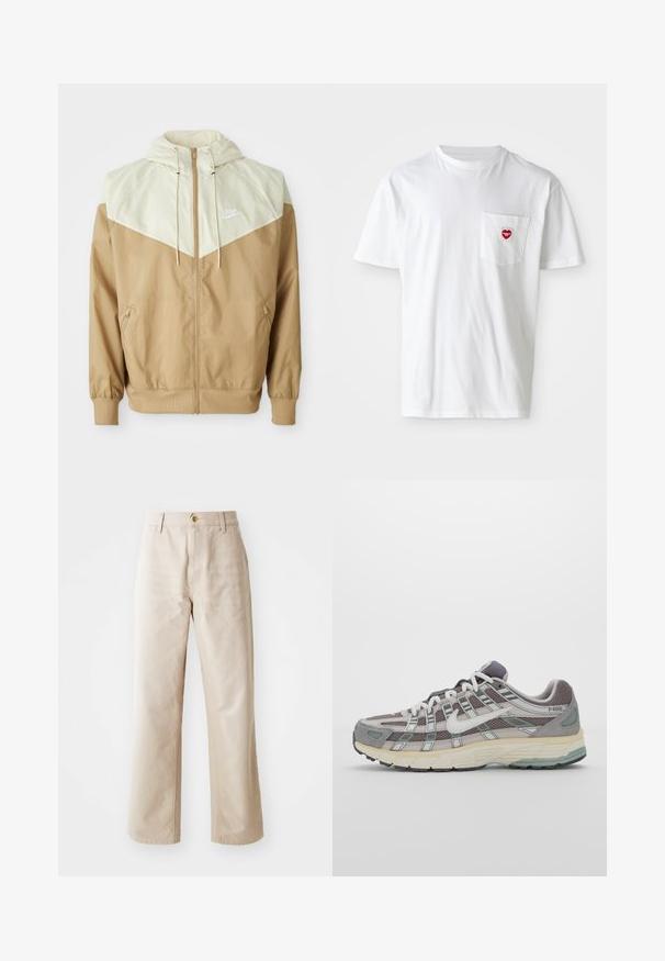 Nike vetrovka s bežnim trupom, svetlo bež paneli, kapuco, prednjim zadrgo in elastičnimi manšetami ter majhnim belim logotipom na prsih.; Bela bombažna majica s krožnim ovratnikom in kratkimi rokavi. Ima majhen rdeč srčni logotip na levem žepu.; Bež bombažne hlače širokega kroja z gladko teksturo, sprednjim gumbom, zanke za pas in dvema stranskima žepoma.; Sive športne čevlje z zgornjim delom iz mrežastega in semiš materiala, belimi akcenti, oblazinjenim podplatom ter edinstvenim dizajnom z odsevnimi elementi.