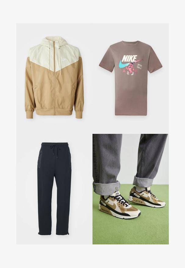 Casaco corta-vento Nike com um corpo bege, painéis em tom claro, capuz, fecho à frente e punhos elásticos com um pequeno logotipo branco no peito.; T-shirt de algodão castanho com um gráfico colorido de um personagem com óculos de sol, ao lado dos logos da Nike e da Air em cores contrastantes.; Calças de fato pretas com cintura com cordão, bolsos laterais com fecho de correr, pernas ajustadas e detalhes em zíper nos punhos. Feitas de um tecido macio e texturizado.; Sapatilhas Nike Air Max 90 em bege e preto, com materiais em malha e couro, almofada visível e atacadores pretos.