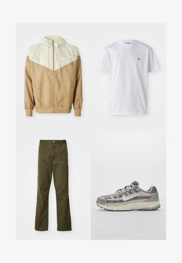 Nike vindjakke med en beige kropp, lysebrune paneler, hette, frontglidelås og elastiske mansjetter med en liten hvit logo på brystet.; Hvit bomull t-skjorte med korte ermer, rund hals, med en liten gulllogo på venstre brystområde. Myk tekstur og vanlig passform.; Olivengrønne bomullsbukser med rett ben-design. Har frontlukking med knapp og klassisk fem-lommers stil.; Grå treningssko med overdel i nett og semsket skinn, hvite detaljer, en polstret såle, og et særpreget design med reflekterende elementer.