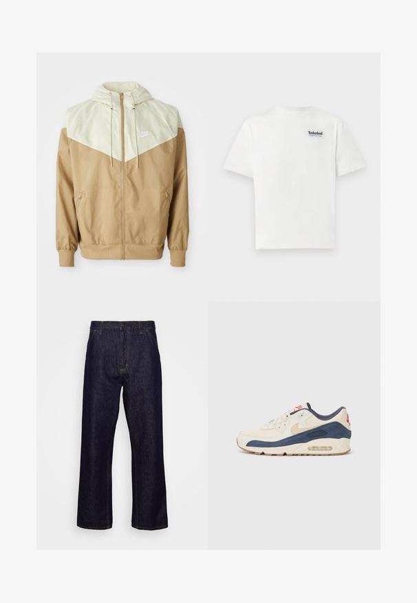Nike jakna protiv vjetra sa bež tijelom, svijetlosmešnim panelima, kapuljačom, prednjim patentnim zatvaračem i elastičnim manžetama, a s malim bijelim logotipom na prsima.; Bijela pamučna majica s plavim izvezenim logotipom "Timberland Rugged Active Gear" na gornjem lijevom dijelu prsnog koša. Kratki rukavi i okrugli izrez.; Tamno plave traperice ravnog kroja s prednjim džepovima, petljama za pojas, rajsferšlusom i gumbom, prikazane na jednostavnoj bijeloj pozadini.; Tenisice s gornjim dijelom od kremaste kože i tamnoplavog antilopa, sa vidljivim zračnim uloškom, bež gumiranim potplatom i crvenim naglaskom na peti.