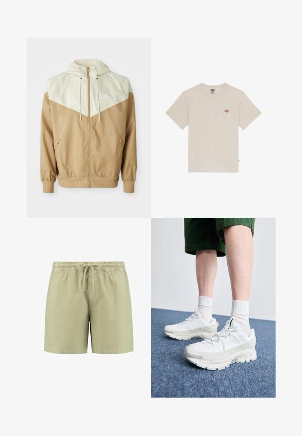 Nike windbreaker jacket featuring a beige body, light tan paneling, hood, front zipper, and elastic cuffs with a small white logo on the chest.; Cream-colored cotton t-shirt with short sleeves, round neckline, and a small multicolored embroidered logo on the chest.; Light green shorts made of soft fabric, featuring an elastic waistband with a drawstring, side pockets, and a relaxed fit.; White athletic shoes with textured overlays, a chunky sole, and gray accents. Worn with white crew socks and green shorts on a blue surface.