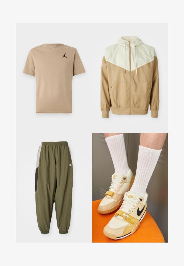 Nike windbreaker jacket featuring a beige body, light tan paneling, hood, front zipper, and elastic cuffs with a small white logo on the chest.; Beige cotton t-shirt with short sleeves, featuring a black Jumpman logo on the left chest. Simple round neckline and straight hem.; Olive green Nike track pants with elastic waistband and cuffs. Features side panels in light gray and dark gray with logo detail.; Nike athletic shoes in beige and cream leather, featuring a black swoosh, white laces, a Velcro strap, and a textured rubber sole.