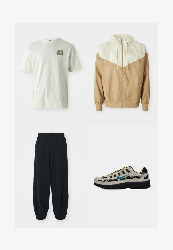 Nike windbreaker jacket featuring a beige body, light tan paneling, hood, front zipper, and elastic cuffs with a small white logo on the chest.; Cream-colored cotton t-shirt featuring a green graphic print on the left chest, with a classic crew neck and short sleeves.; Black, elasticated-waist sweatpants with a loose fit, cuffed ankles, smooth texture, and no visible patterns or hardware accents.; Beige and black Nike P-6000 sneaker with blue swoosh, yellow laces, black sole, and Cordura fabric label on the heel.