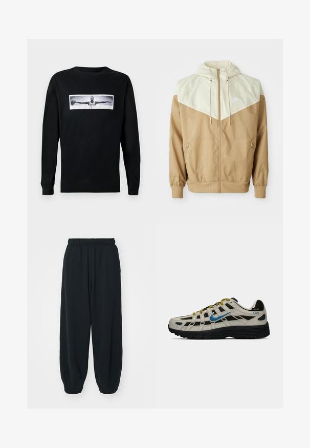 Nike vetrovka s bežnim trupom, svetlo bež paneli, kapuco, prednjim zadrgo in elastičnimi manšetami ter majhnim belim logotipom na prsih.; Črna majica z dolgimi rokavi s sprednjim tiskom, ki prikazuje postavo na črno-beli fotografiji z razproščenimi rokami; zasnova kroga vratu.; Črne, elastične hlače za prosti čas z ohlapnim krojem, manšetami na gležnjih, gladko teksturo in brez vidnih vzorcev ali dodatkov.; Bež in črne Nike P-6000 superge z modrim logotipom, rumenimi vezalkami, črnim podplatom in oznako iz Cordura tkanine na peti.