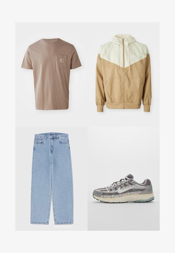 Nike vetrovka s bežnim trupom, svetlo bež paneli, kapuco, prednjim zadrgo in elastičnimi manšetami ter majhnim belim logotipom na prsih.; Brah božičasti T-majica z kratkimi rokavi, ki ima žep na prsih in aplikacijo z logotipom. Gladka tekstura, standardni okrogli izrez, sproščen kroj.; Svijetloplave traperice s ravnim nogavicama, srednjeg struka, pet džepova te zatvaranjem na gumb i munju.; Sive športne čevlje z zgornjim delom iz mrežastega in semiš materiala, belimi akcenti, oblazinjenim podplatom ter edinstvenim dizajnom z odsevnimi elementi.