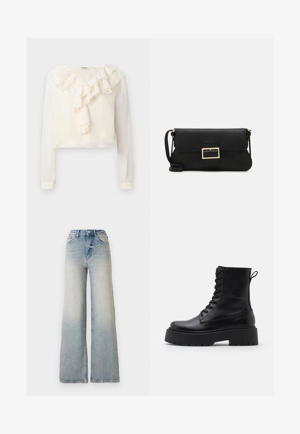 Noisy May NMEVE LEO JACKET - Winterjas - mocha bisque; Witte blouse met lange mouwen, een V-hals en een gerimpeld voorkantdetail. Gemaakt van lichtgewicht stof, heeft een cropped ontwerp en een zachte textuur.; Lichtblauwe wijdlopende spijkerbroek van denim, met een hoge taille, vijf zakken en zichtbare stiksels langs de naden.; Zwarte leren enkelboots met een ronde neus, vetersluiting aan de voorkant en een dikke rubberen zool met een gestructureerd profiel. Trekbandje aan de achterkant.; Zwarte leren clutch met een klep en een gouden metalen sluiting. Inclusief een zwarte schouderband en een slank, minimalistisch ontwerp.; Gouden oorringen, dun en rond van vorm, met een gladde metallic afwerking en zonder versieringen of patronen.