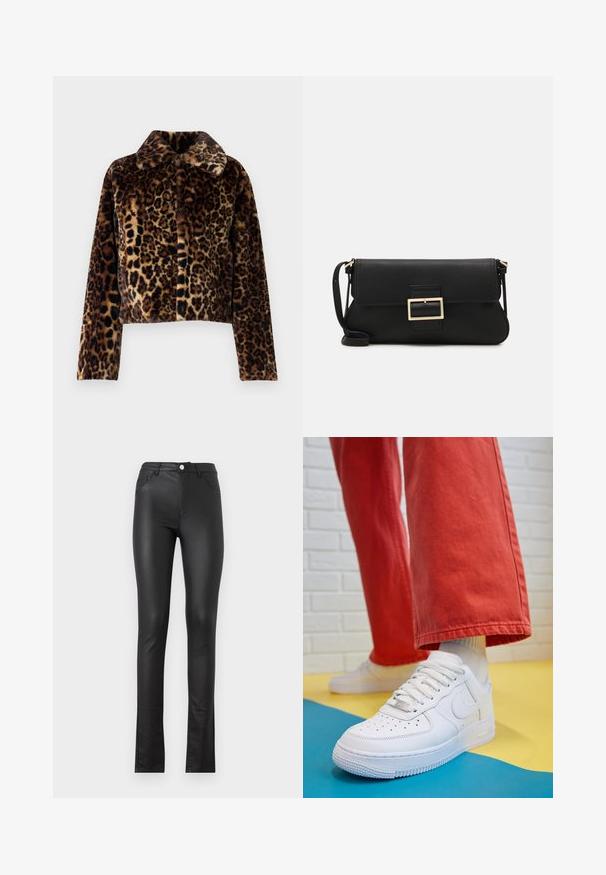 Noisy May NMEVE LEO JACKET - Zimska jakna - mocha bisque; Črn dolg rokav vrh, izdelan iz gladkega blaga, z okroglim izrezom in nabrano obdelavo na ramenih in manšetah.; Črne hlače iz umetnega usnja z ožjim krojem, z zapiranjem na gumb spredaj, dvema sprednjima žepoma in nekoliko razširjenim robom na dnu.; Beli usnjeni športni čevlji s perforiranim prstnim delom, teksturiranim podplatom in belimi vezalkami, v kombinaciji s širokimi rdečimi hlačami in modro-rumeno ozadje.; Črna usnjena torbica na preklop z zlato kovinsko zaponko. Vključuje črn trak in eleganten, minimalističen dizajn.; Zlate obroče ušesne uhane, tanke in krožne oblike, z gladko kovinsko površino brez okrasnih elementov ali vzorcev.