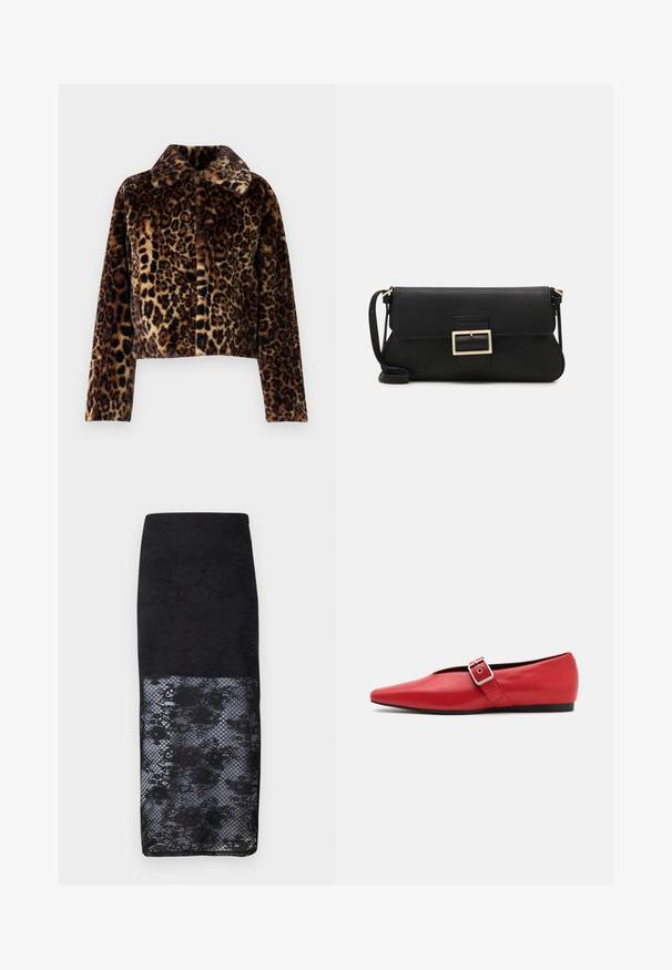 Noisy May NMEVE LEO JACKET - Talvejope - mocha bisque; Valge ilma varrukateta T-särk, mis on valmistatud ribakangast, ümarate kaelustega ja kitseneva siluetiga, minimaalse õmbluste ning ilma kaunistusteta.; MSCH Copenhagen ANTONIE SKIRT - Pliiatsseelik - black; Punane nahast lameda tallaga king, millel on terav nina, külje peal rihm metallklambriga ja madal must konts. Ühtlane sile tekstuur.; Must haben musta nahkklahviga kott, millel on klapp ja kuldne metallist pandla detail. Kaasas must rihm ja stiilne, minimalistlik disain.; Hõbedased rõngastikkaehingad minimalistlikus disainis. Ümar kuju, sile tekstuur ja õhuke profiil. Kerged ning poleeritud viimistlusega.