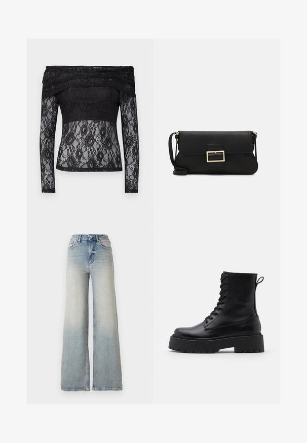 Noisy May NMEVE LEO JACKET - Talvitakki - mocha bisque; Mustat pitsipaita, jossa on pitkät hihat ja hartioita paljastava design. Siinä on kukkakuvio, läpikuultava rakenne ja kiinteä kangaspaneeli vyötäröllä.; Vaaleansiniset leveälahkeiset farkut, joissa on korkea vyötärö, viisi taskua ja näkyvät ompeleet saumoissa.; Musta nahkainen nilkkureita, joissa on pyöreä kärki, nauhakiinnitys edessä ja paksu kumipohja, jossa on teksturoitu pinta. Takana vetotappi.; Musta nahkainen kynäpenkkilaukku, jossa on läppä ja kultainen metallinen solkiyksityiskohta. Mukana musta hihna ja tyylikäs, minimalistinen muotoilu.; Kultaiset rengaskorvakorut, ohuet ja pyöreät, joissa on sileä metallipinta ilman koristeluja tai kuvioita.