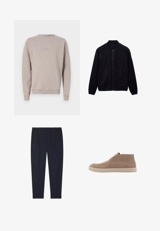 Schwarze Wildleder-Bomberjacke mit Reißverschluss vorne, gerippten Bündchen und Kragen sowie Seitentaschen. Weiche Textur, schlichtes Design. Keine Muster oder Akzente.; Helle graue Sweatshirt aus weichem Stoff, mit Rundhals, langen Ärmeln und gerippten Bündchen und Saum. Dezentes Logo auf der Vorderseite gestickt.; Marineblaues Hosen aus einem glatten Stoff mit taillierter Passform, ausgestattet mit zwei Fronttaschen und Bündchen an den Knöcheln.; Beige Wildleder Stiefel mit runder Zehenpartie, elastischen seitlichen Einsätzen und einer hellbeigen Gummisohle. Minimalistisches Design, keine sichtbaren Beschläge.
