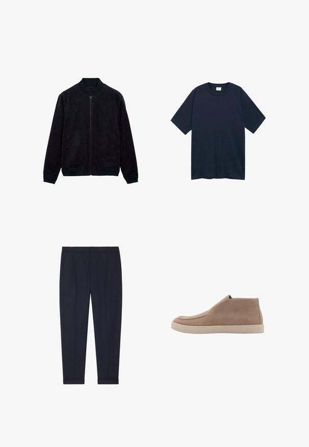 Giacca bomber in suede nero con zip frontale, polsini e collo a costine, e tasche laterali. Texture morbida, design essenziale. Nessun motivo o accentuazione.; Mango CIRCO - T-shirt basic - royal blue; Pantaloni blu realizzati in un tessuto liscio con una vestibilità su misura, dotati di due tasche frontali e polsini alle caviglie.; Scarpe alla caviglia in suede beige con punta rotonda, pannelli laterali elastici e suola in gomma beige chiaro. Design minimalista, senza parti metalliche visibili.
