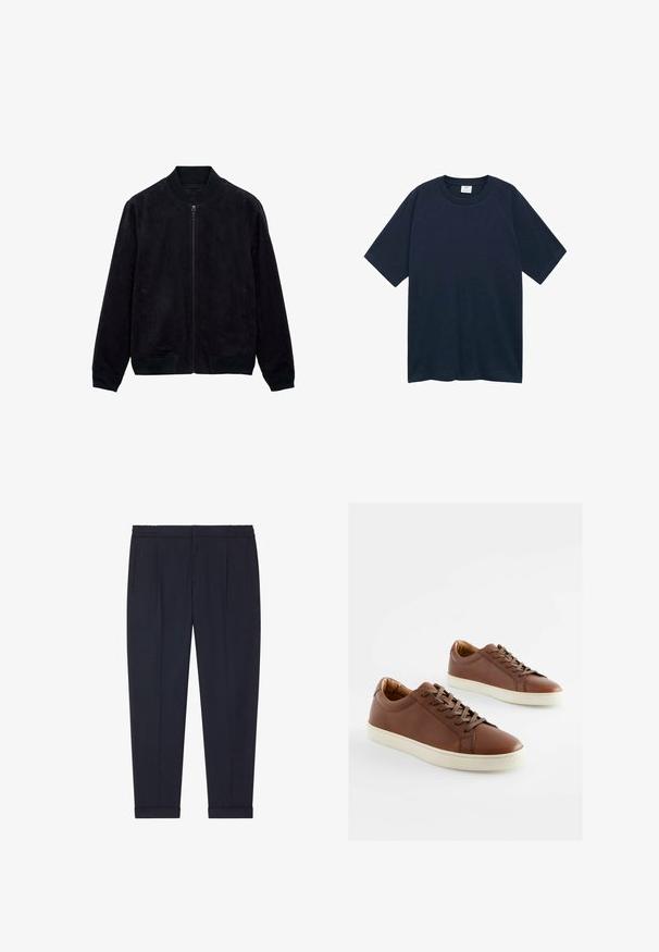 Veste bomber en daim noir avec un zip sur le devant, des poignets et un col côtelés, ainsi que des poches latérales. Texture douce, design épuré. Pas de motifs ni d'accents.; Mango CIRCO - T-shirt basique - royal blue; Pantalon marine en tissu lisse avec une coupe ajustée, doté de deux poches avant et de poignets aux chevilles.; Baskets en cuir marron avec une texture lisse, semelles en caoutchouc blanches et lacets marron assortis. Design à bout arrondi avec des détails de couture minimalistes.