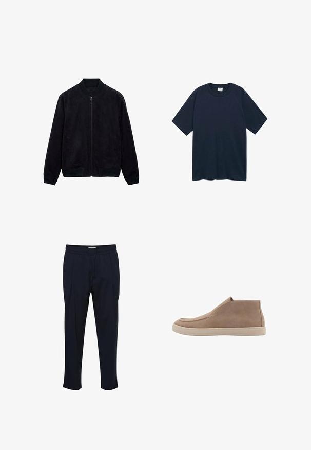 Černá zamšová bomber bunda se zipem, žebrovanými manžetami a límcem a bočními kapsami. Měkká textura, elegantní design. Bez vzorů a akcentů.; Mango CIRCO - Jednoduché tričko - royal blue; Námořnicky modré kalhoty na míru s úpravou v pase na šňůrku, na přední straně plisované a se zúženými kotníky. Vyrobeny z hladkého, lehkého materiálu.; Béžové semišové kotníkové boty s kulatou špičkou, elastickými bočními panely a světlou béžovou gumovou podrážkou. Minimalistický design, žádné viditelné kovové části.