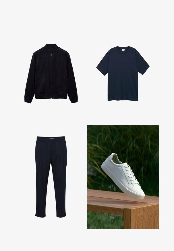 Černá zamšová bomber bunda se zipem, žebrovanými manžetami a límcem a bočními kapsami. Měkká textura, elegantní design. Bez vzorů a akcentů.; Mango CIRCO - Jednoduché tričko - royal blue; Námořnicky modré kalhoty na míru s úpravou v pase na šňůrku, na přední straně plisované a se zúženými kotníky. Vyrobeny z hladkého, lehkého materiálu.; Bílé šněrovací tenisky, které se vznášejí nad dřevěnou lavicí, s zeleným listím v pozadí, předvádějící design a strukturu boty.