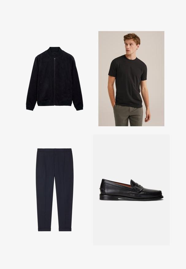 Jachetă din suede negru cu fermoar frontal, manșete și guler ribbați, și buzunare laterale. Textură moale, design minimalist. Fără modele sau accente.; Tânăr cu părul buclat de culoare brunet deschis, purtând un tricou negru cu mânecă scurtă și pantaloni gri, privind spre stânga cu mâinile în buzunare.; Pantaloni navy dintr-un material neted, cu o croială ajustată, având două buzunare frontale și mansete la glezne.; Mocasini negri din piele cu finisaj neted, vârf rotund și o bandă decorativă peste partea superioară. Prezintă o talpă joasă neagră.