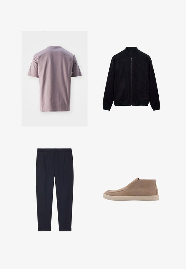 Schwarze Wildleder-Bomberjacke mit Reißverschluss vorne, gerippten Bündchen und Kragen sowie Seitentaschen. Weiche Textur, schlichtes Design. Keine Muster oder Akzente.; Kurzärmliges T-Shirt mit Rundhalsausschnitt aus weichem Lavendelbaumwollstoff mit glatter Textur. Gerader Saum und minimalistisches Design, ohne sichtbare Logos oder Muster.; Marineblaues Hosen aus einem glatten Stoff mit taillierter Passform, ausgestattet mit zwei Fronttaschen und Bündchen an den Knöcheln.; Beige Wildleder Stiefel mit runder Zehenpartie, elastischen seitlichen Einsätzen und einer hellbeigen Gummisohle. Minimalistisches Design, keine sichtbaren Beschläge.