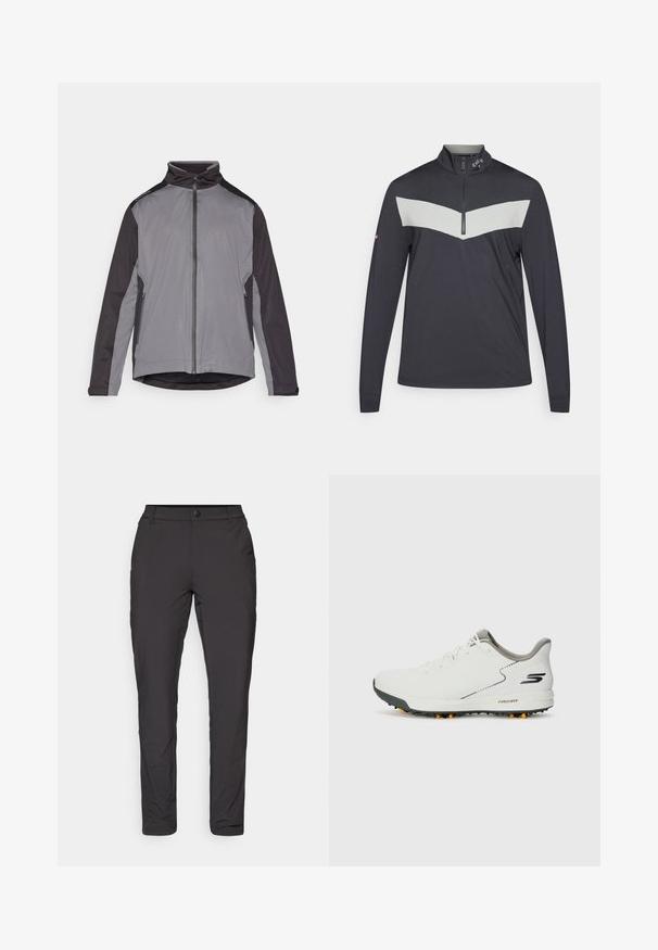 Pelēks un melns vieglais apģērbs ar augstu apkakli, ar rāvējslēdzēju, sānu kabatām un atšķirīgām paneļām uz piedurknēm. Visā virsmā ir gluda tekstūra.; Pusla ar ceturtās daļas rāvējslēdzēju tumšā pelēkā krāsā ar gaiši pelēku ševronu dizainu krūšu rajonā. Aprīkota ar garām piedurknēm un faktūrētu audumu.; Melnas, vieglas bikses ar šauru piegriezumu, ar gludu tekstūru, pogu aizdari un smalku režģa rakstu.; Baltas sporta apavu modelis ar gludu augšpusi, pelēkiem akcentiem un teksturētu melnu zoli, kurā ir oranži uzgaļi. Viegls dizains, kas vērsts uz komfortu.
