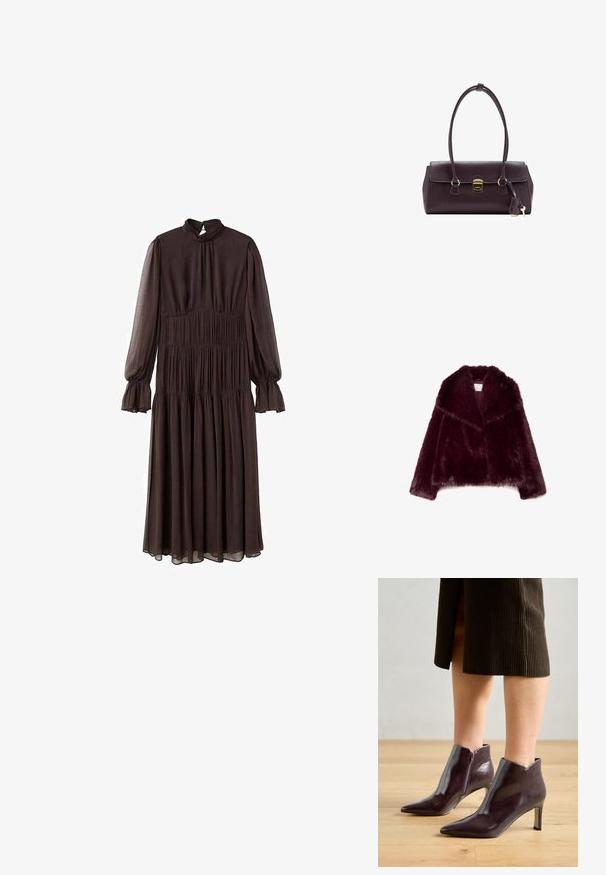 Giacca in pelliccia artificiale borgogna con maniche lunghe, ampio colletto e finitura testurizzata e fluffy. Presenta un design con apertura frontale e una morbida fodera interna.; Abito marrone a maniche lunghe con collo alto, corpetto arricciato e maniche a campana. Realizzato in tessuto leggero, presenta una gonna a strati.; Stivaletti alla caviglia in pelle bordeaux con punta affusolata e tacco sottile. Presentano una zip laterale e una superficie liscia e lucida.; Borsa a mano in pelle color bordeaux con un design strutturato, manici corti, una chiusura rettangolare dorata e un ornamento a frangia rimovibile.